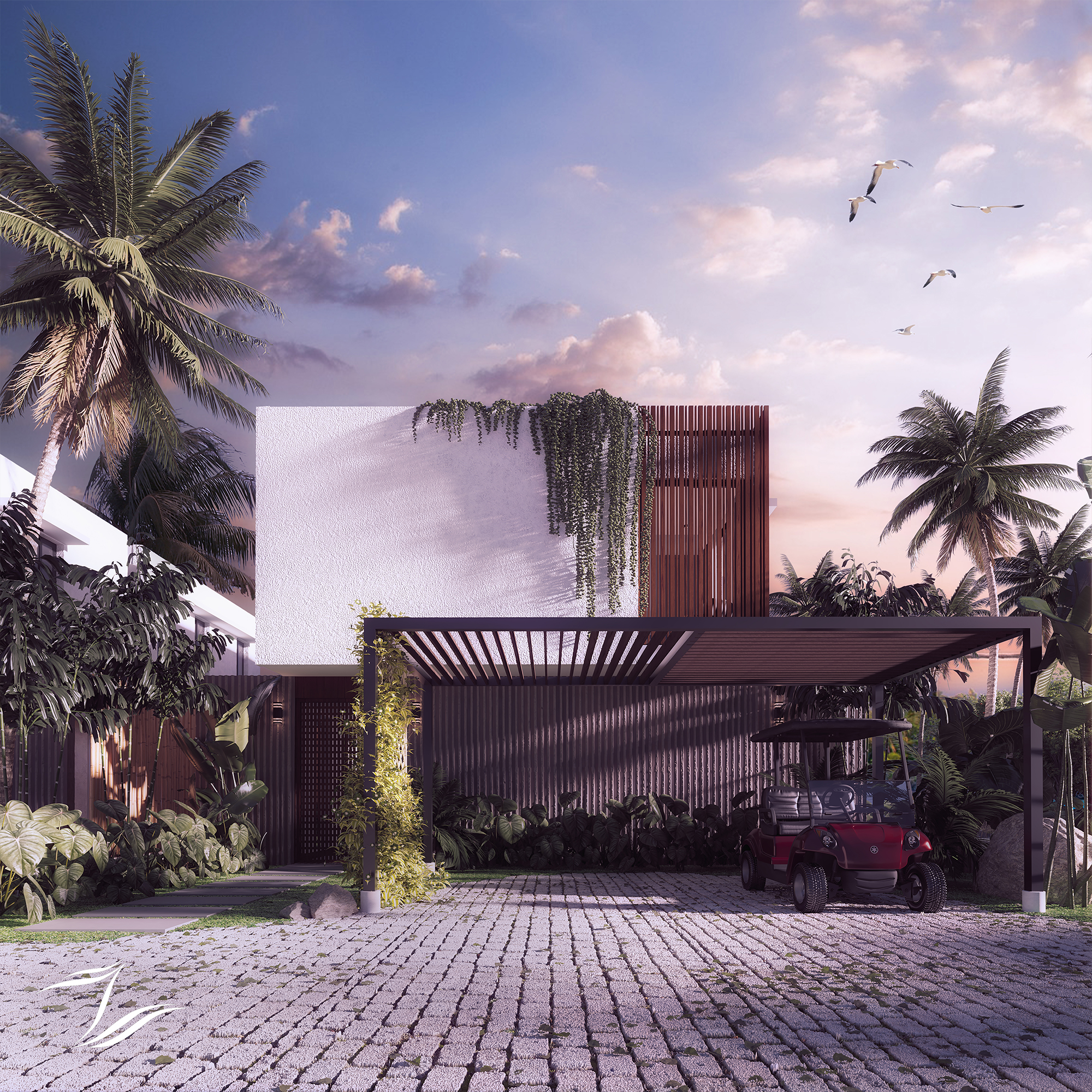 Residences — villa exterior al atardecer